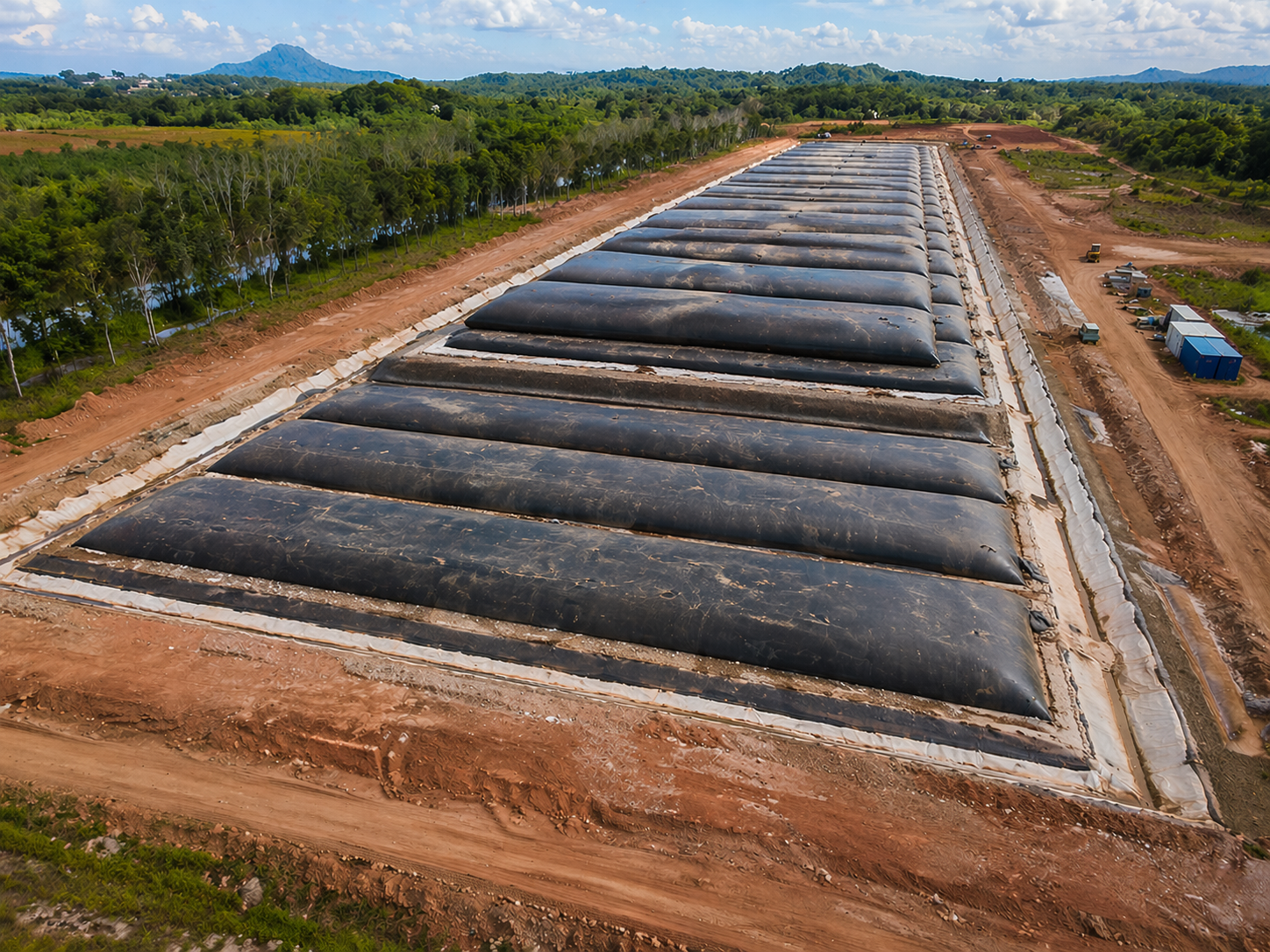 Concept illustration of a tailings storage facility formed from rows of geotextile containers