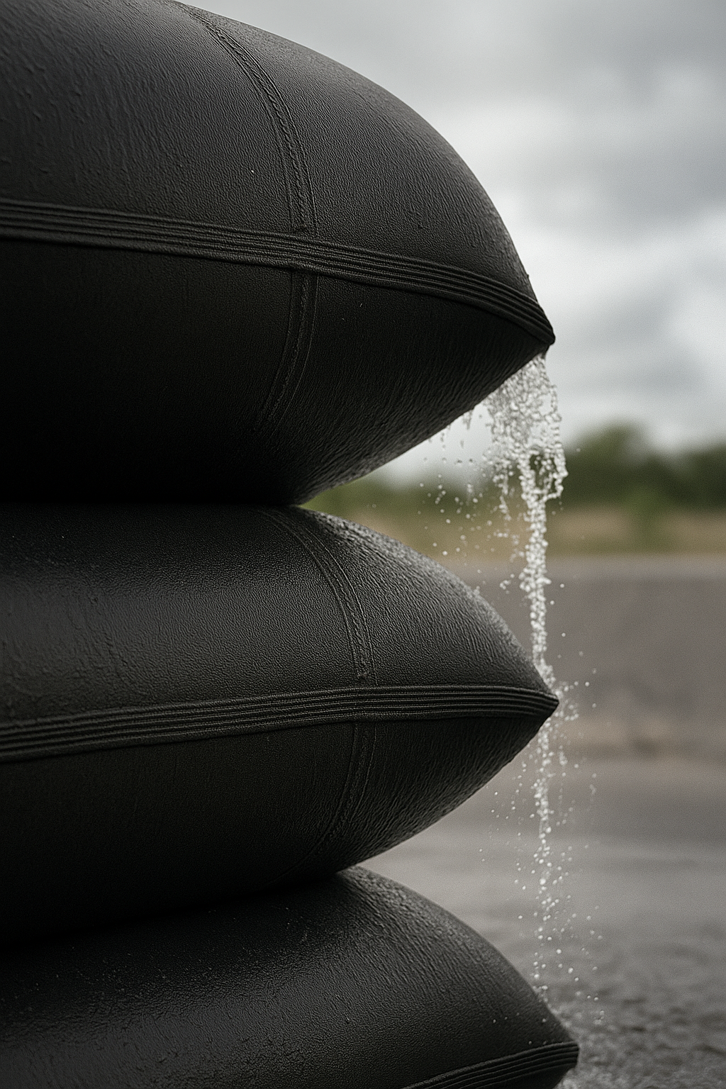 Concept illustration showing geotextile bags stacked in three tiers with water draining from the fabric